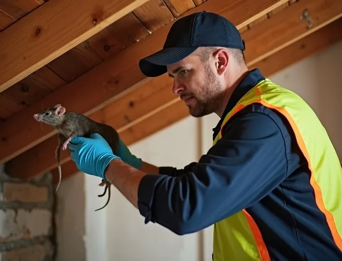 Technician inspecting a roof cavity for a dead rat in Bonnie Brook